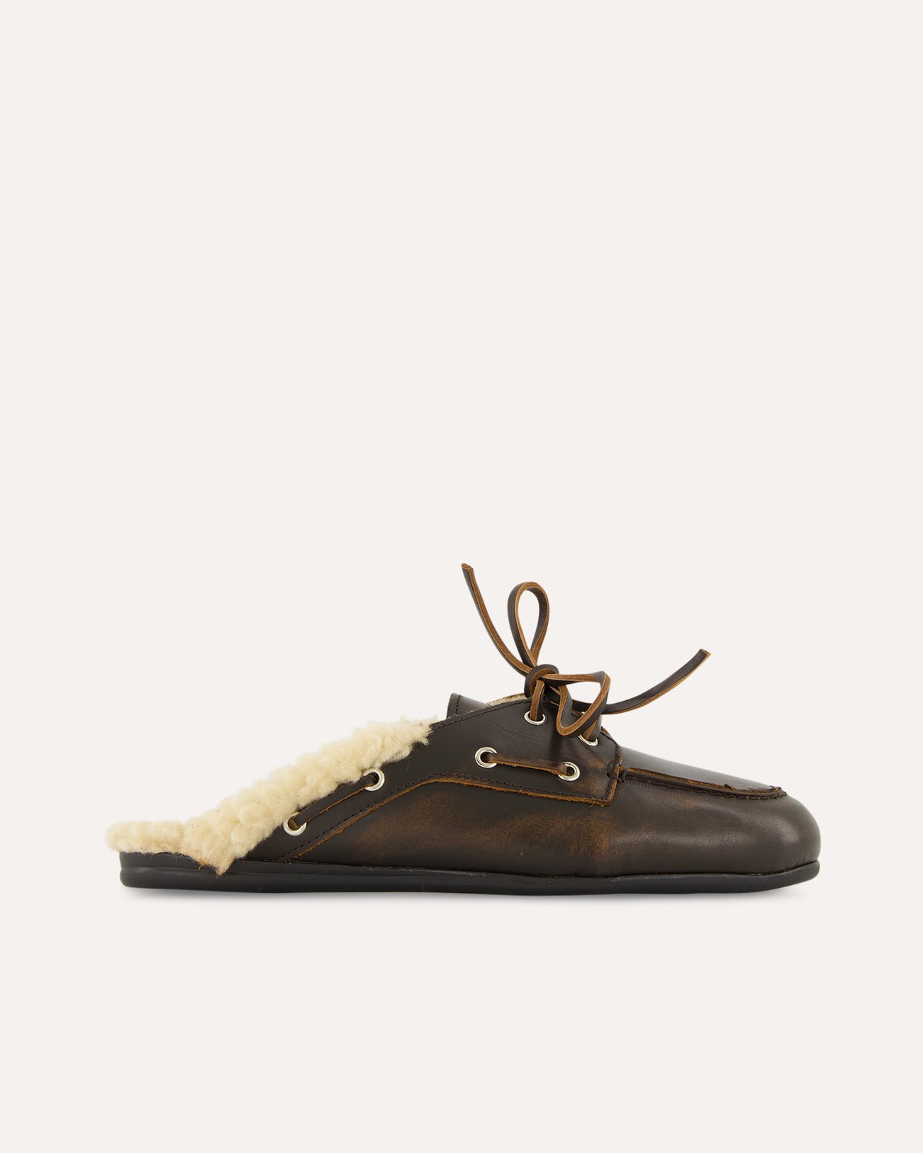 Posa Boat Loafer Mule Fur - Leather DONKERBRUIN 1