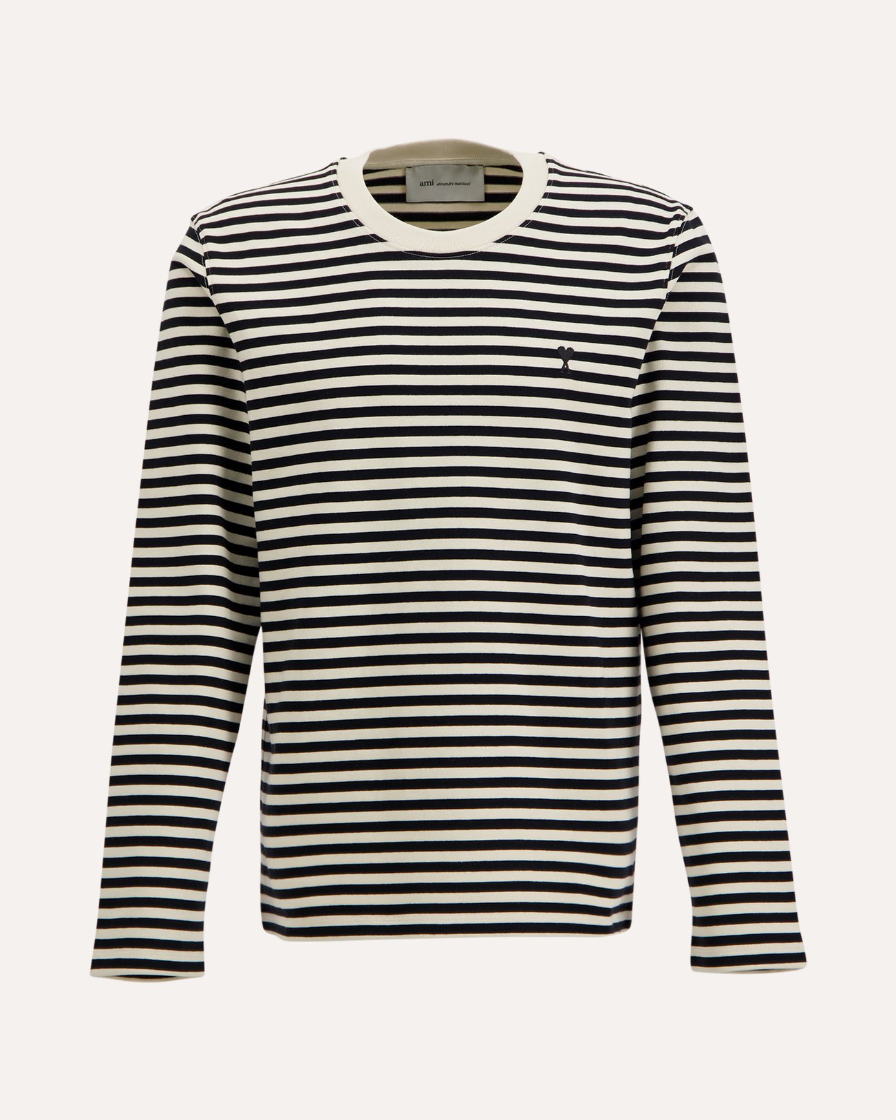 AMI Paris Long Sleeves Striped Tshirt With Black Ami De Coeur Embroidery ZWART 1