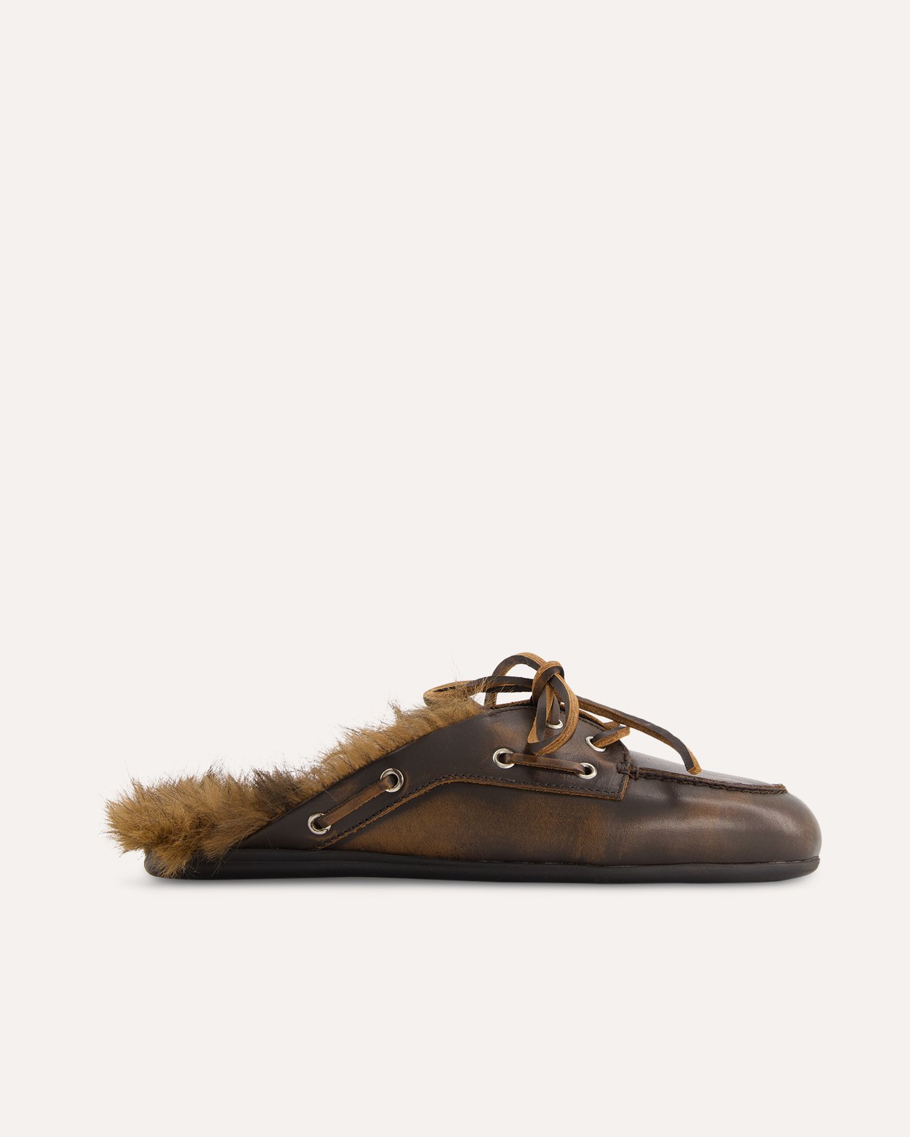 Posa Boat Loafer Mule Hairy Fur - Leather DONKERBRUIN 1