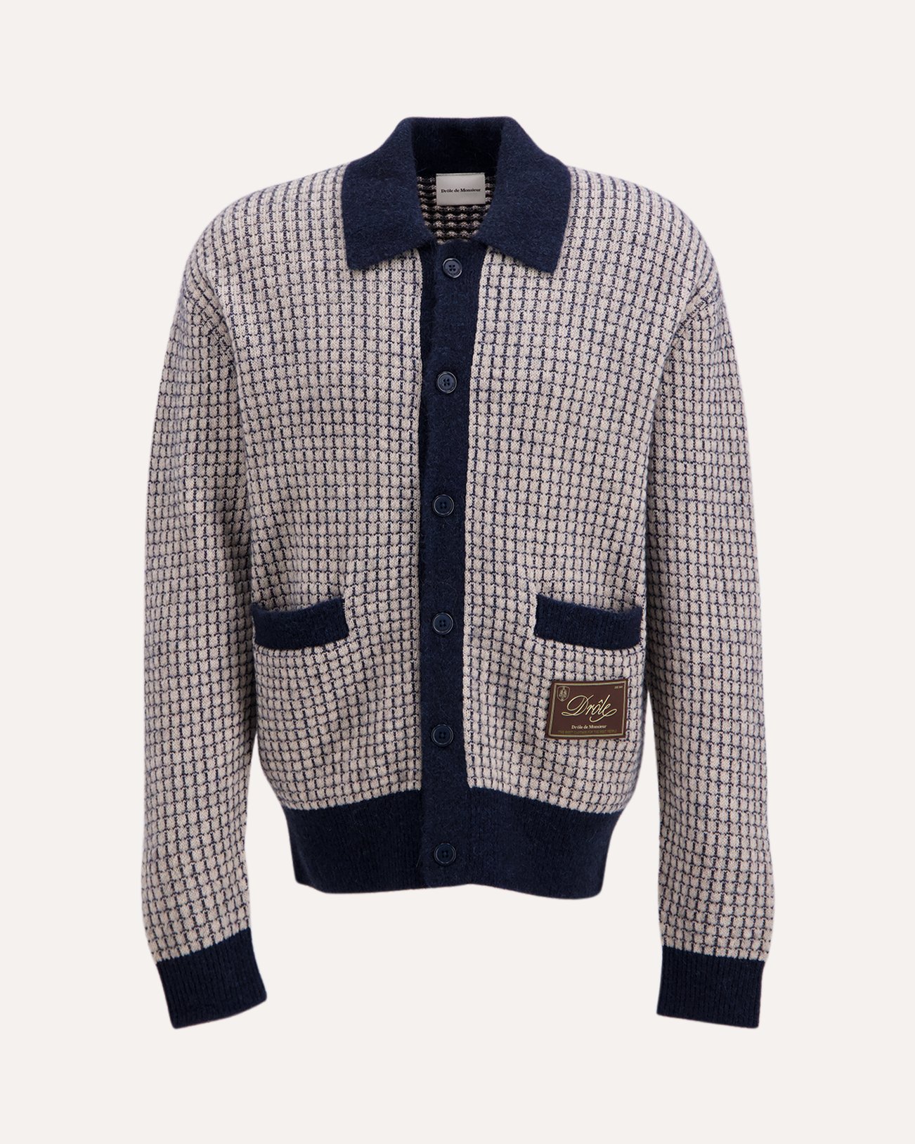 Drole de Monsieur Waffle Knitwear Cardigan Drle Patch DONKERBLAUW 1
