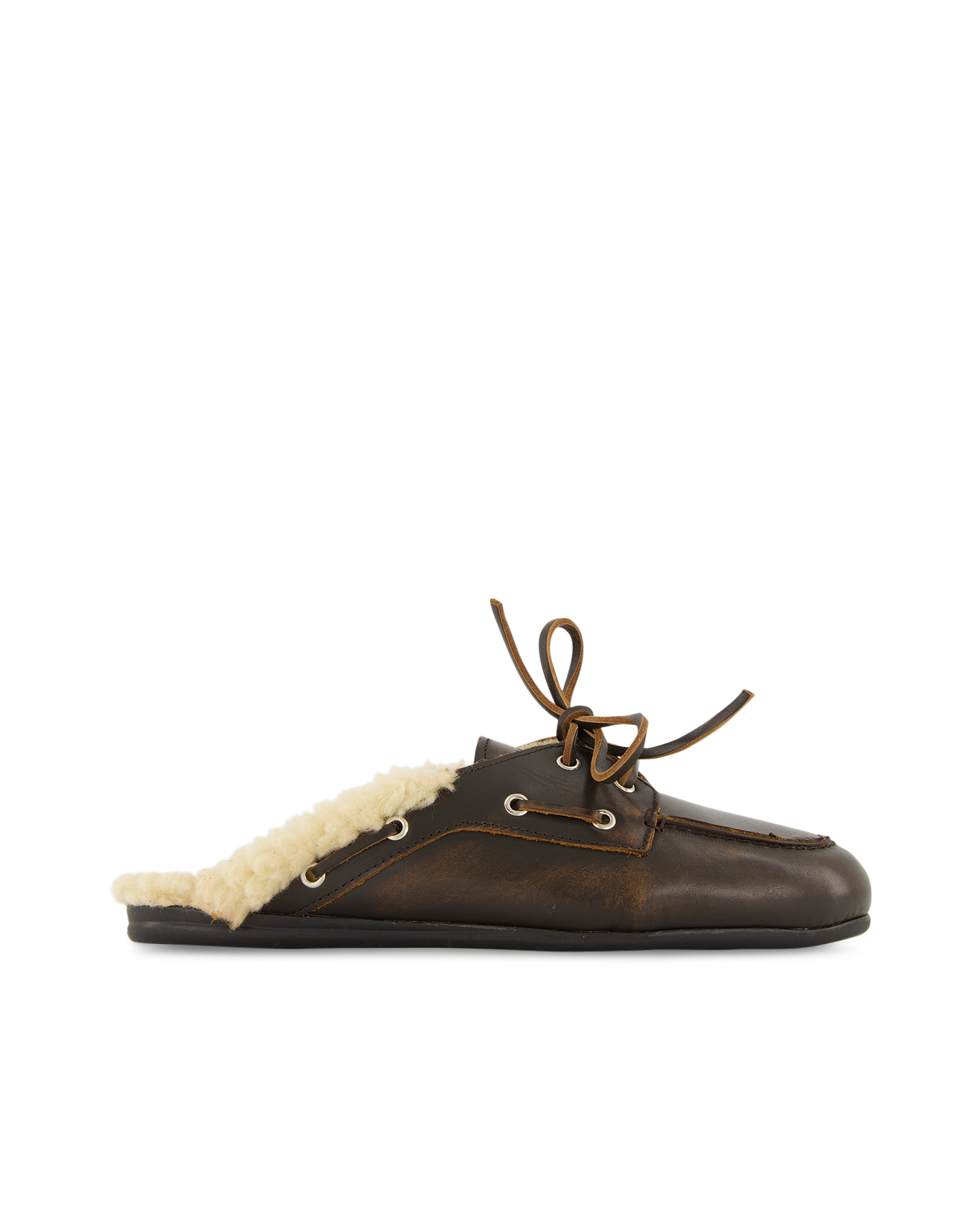 Posa Boat Loafer Mule Fur - Leather DONKERBRUIN 1
