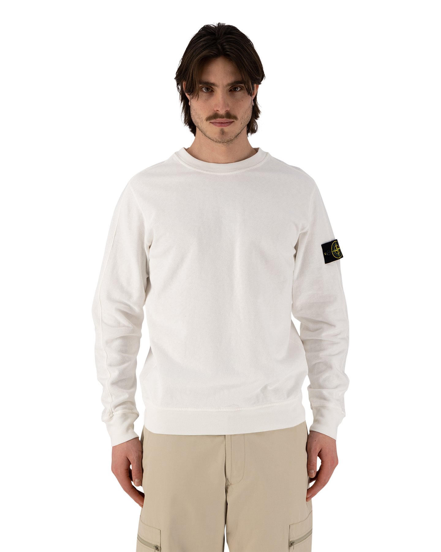Stone Island 66060 Malfile Fleece Garment Dyed 'Old' Effect Crewneck Sweatshirt WIT 4