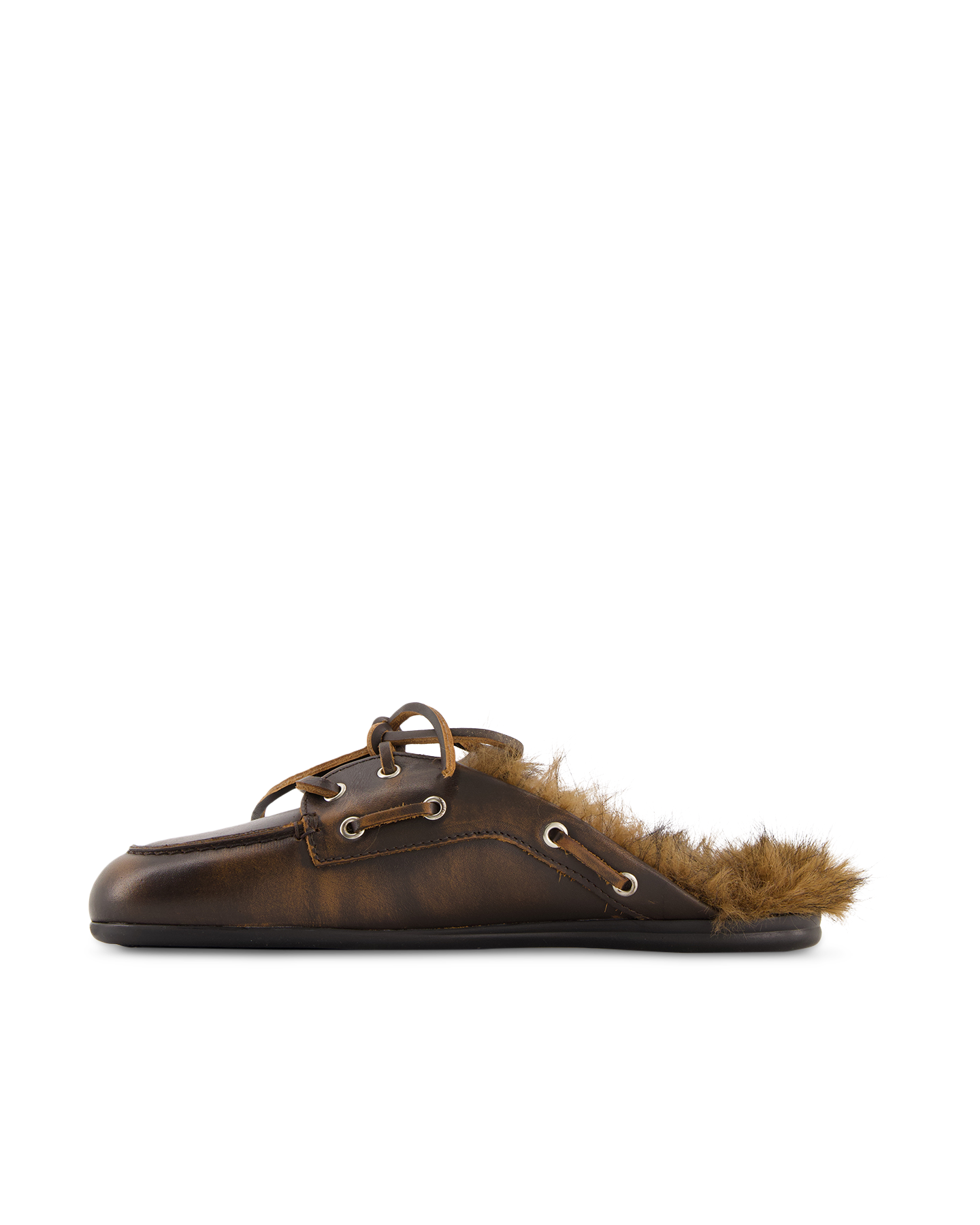 Posa Boat Loafer Mule Hairy Fur - Leather DONKERBRUIN 3
