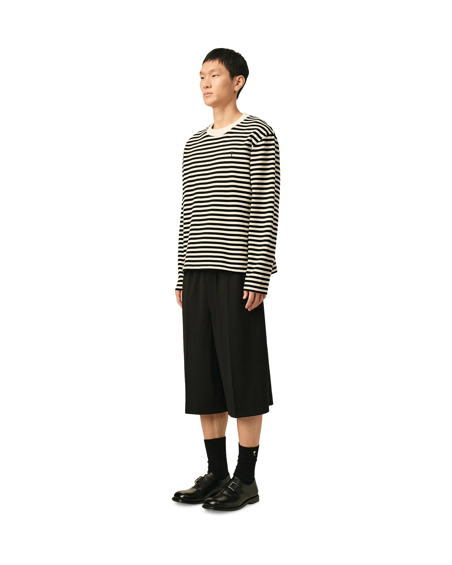AMI Paris Long Sleeves Striped Tshirt With Black Ami De Coeur Embroidery ZWART 3