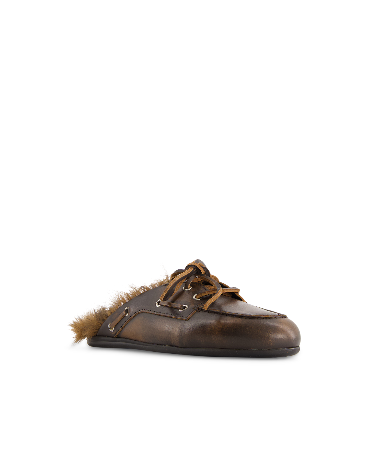 Posa Boat Loafer Mule Hairy Fur - Leather DONKERBRUIN 2