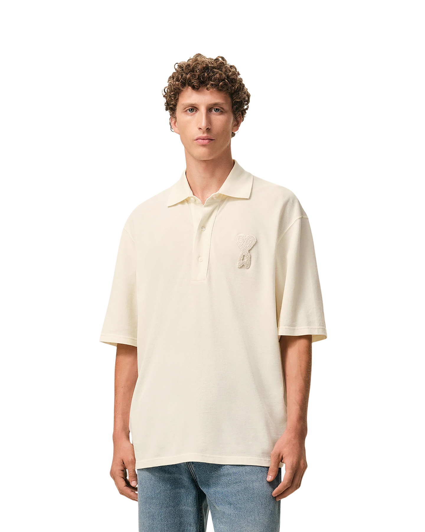 AMI Paris Polo Boxy Fit Avec Patch Crochet Ami De Coeur CREME 3