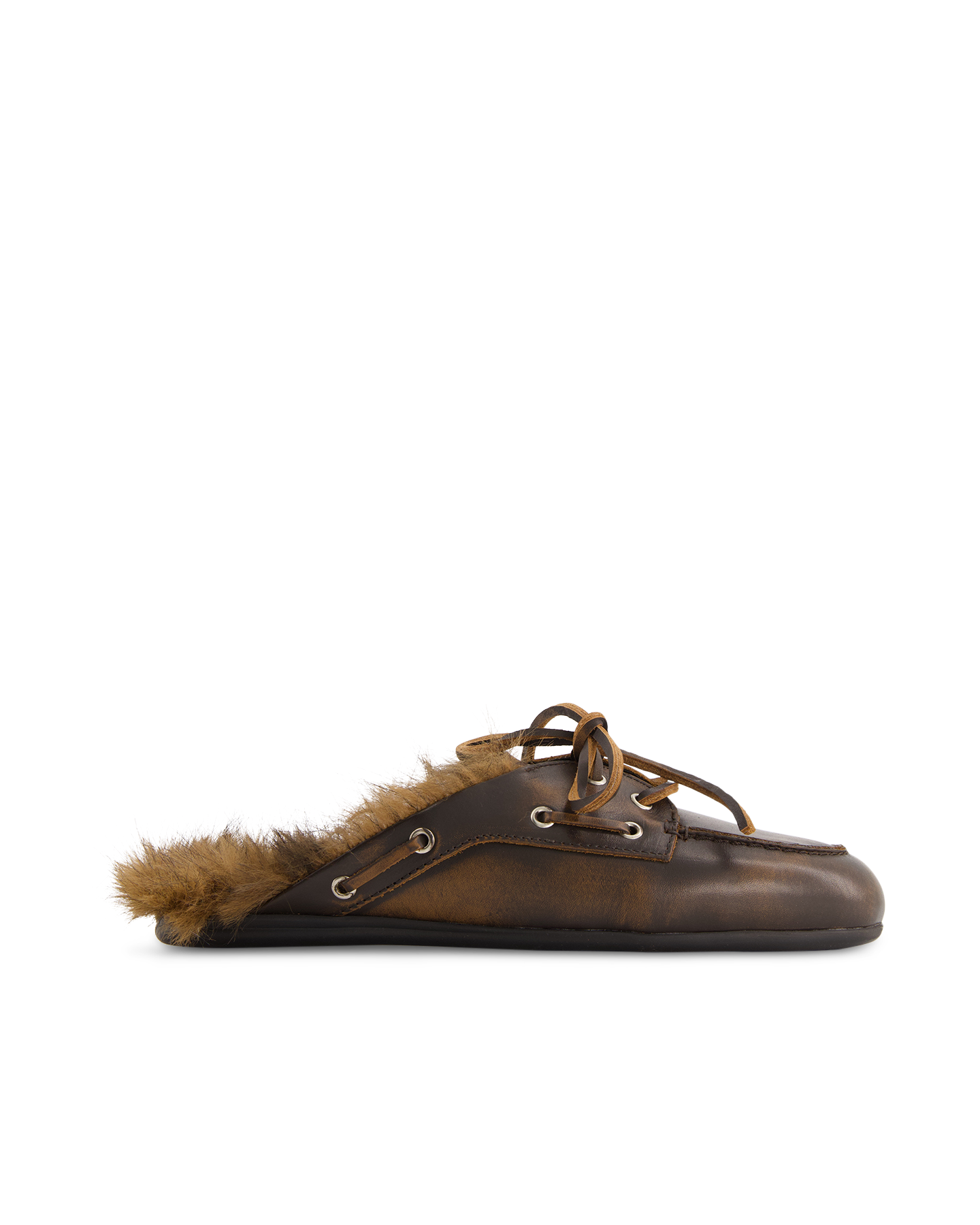 Posa Boat Loafer Mule Hairy Fur - Leather DONKERBRUIN 1