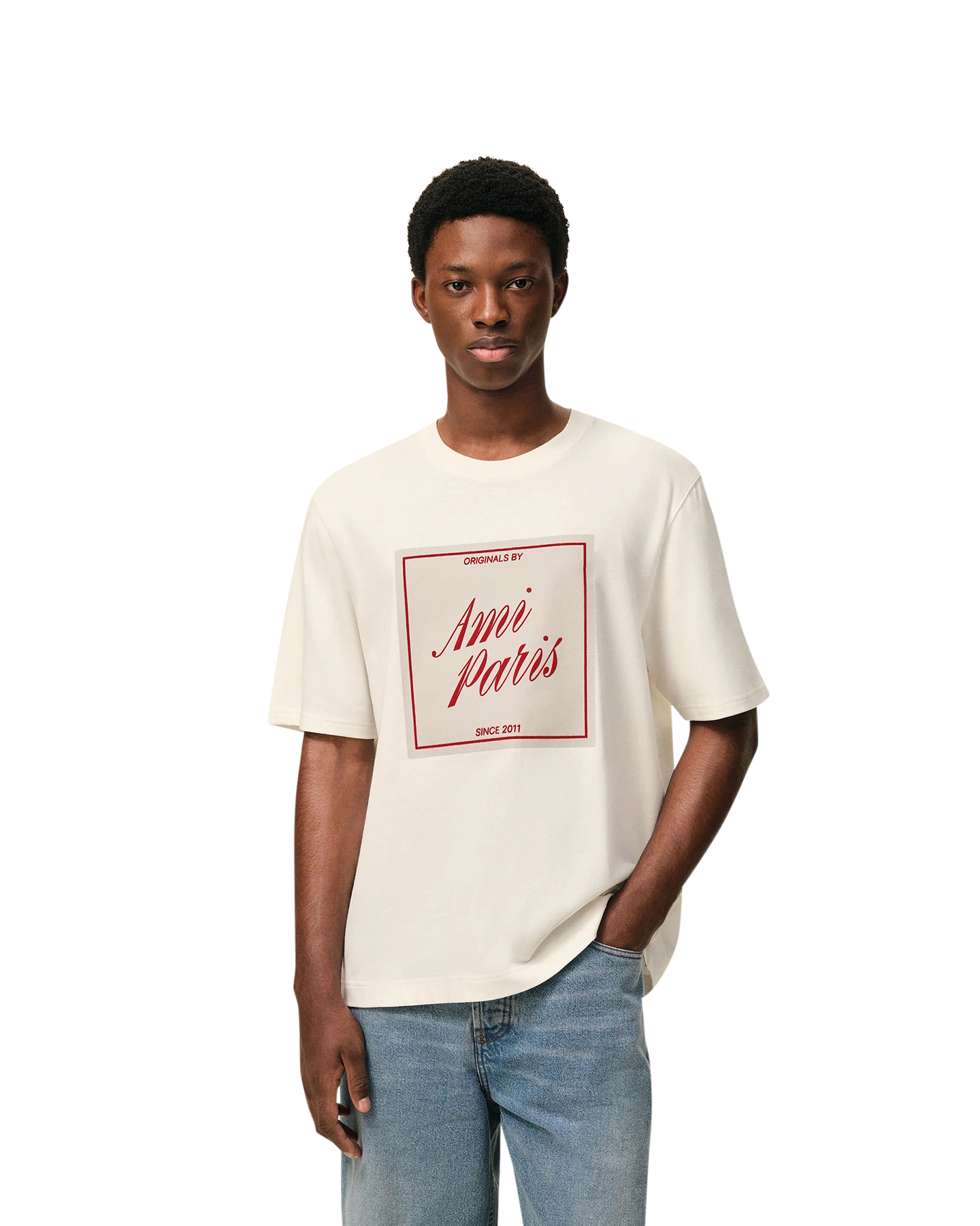 AMI Paris Teeshirt Manches Courtes Boxy Fit Avec Print Signature Sur Le Devant CREME 3
