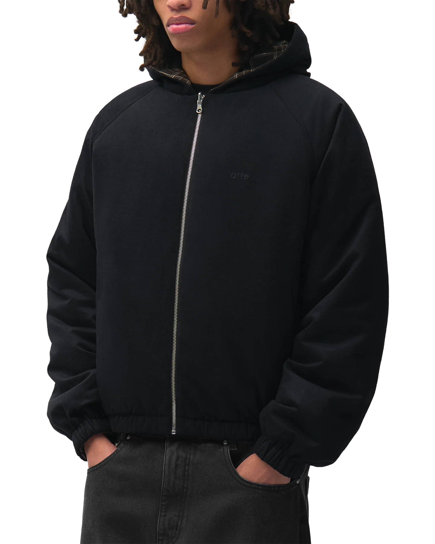 Arte Antwerp Reversible Plaid Hooded Jacket ZWART 7